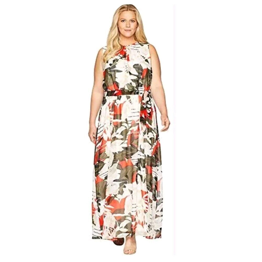 Calvin Klein Womens Maxi Dress Round Neck Sleeveless Accent Tie Boho Sz S 1191R2